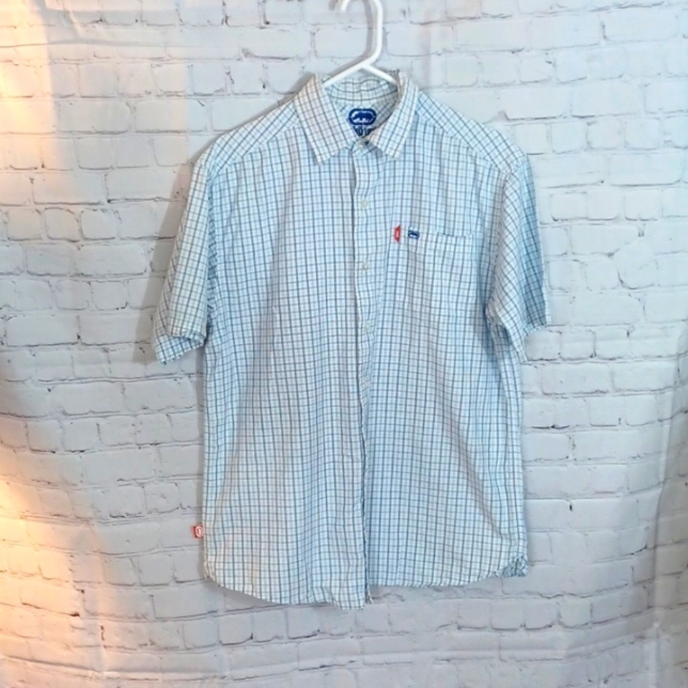 ECKO Womans Vintage Blue Plaid Button Down Shirt M